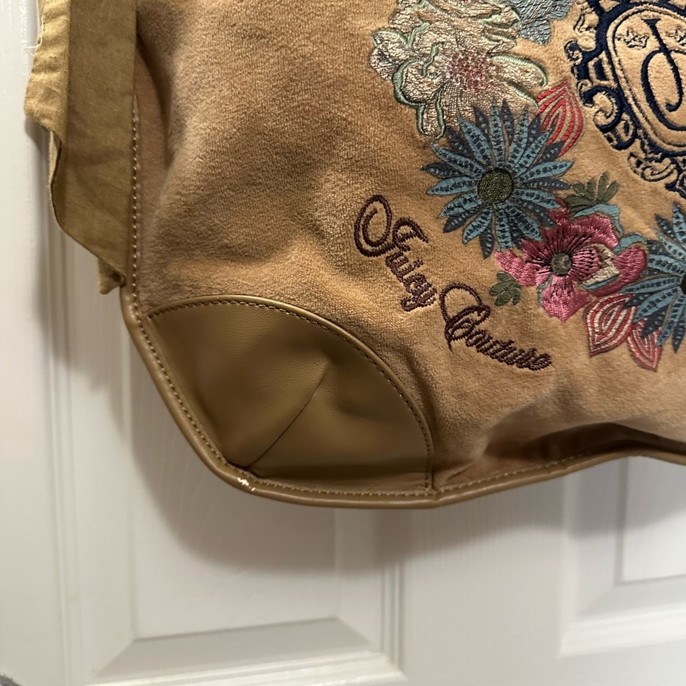 Juicy Couture Daydreamer Tan Floral Embroidered Tote Vintage - Picture 2 of 8
